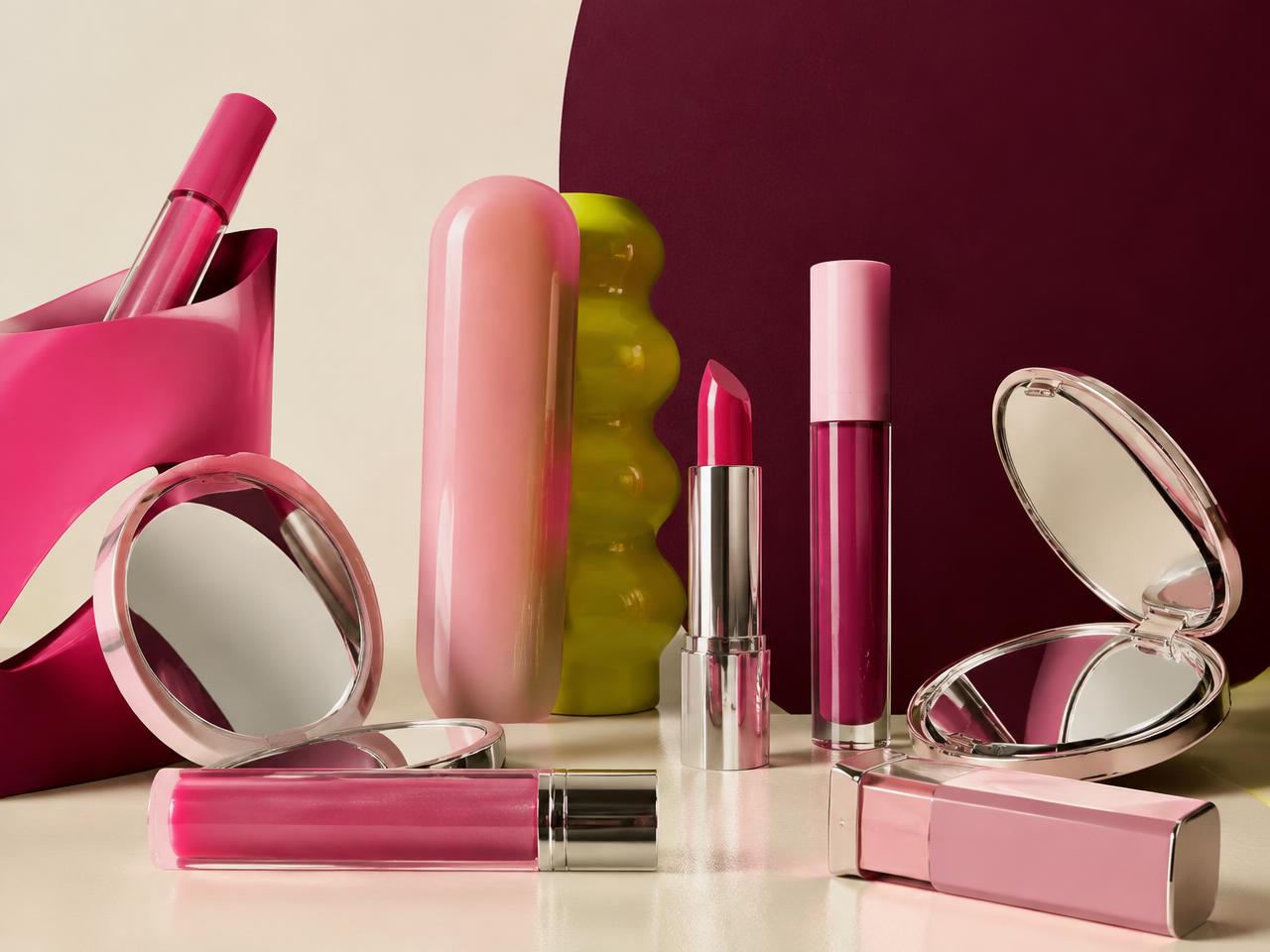 Editorial still life of glossy pink cosmetics