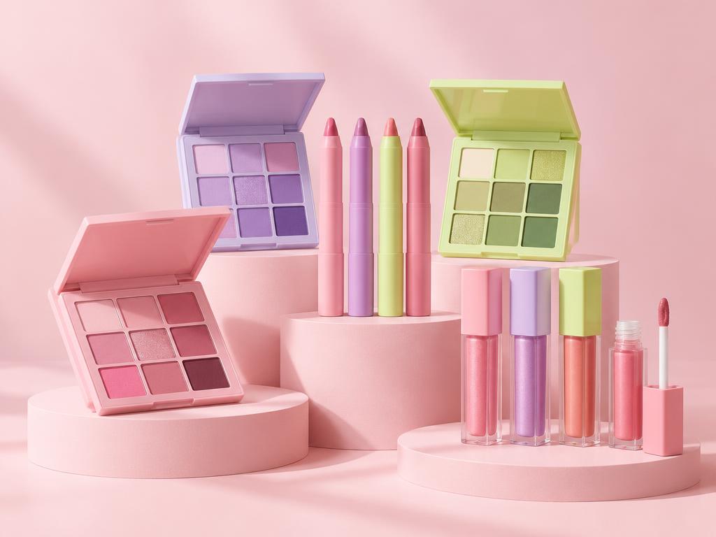 Abstract, unbranded cosmetic products in pink, lilac and lime